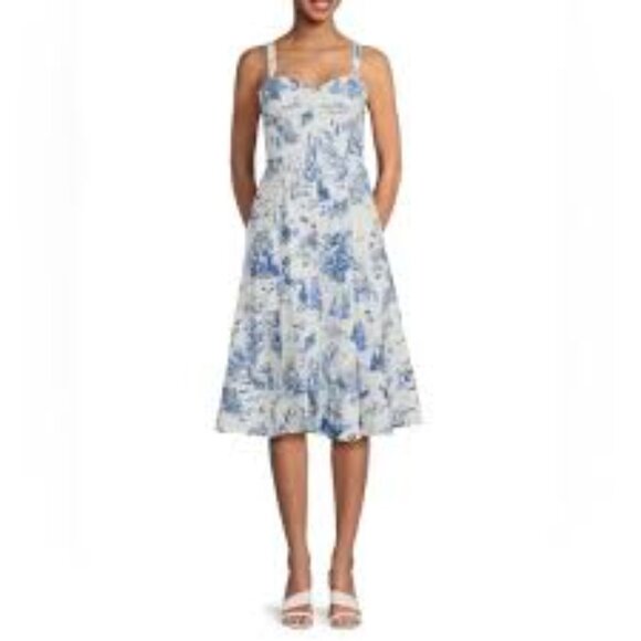 Avec Les Filles sea creature toile cotton blend white blue midi dress size 8 - Picture 3 of 7